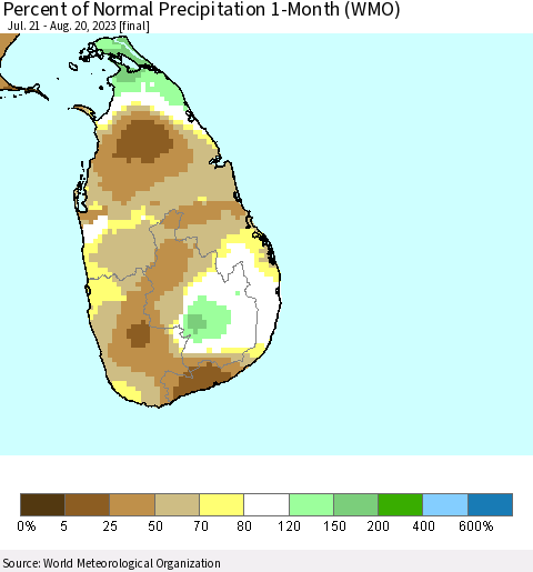 Sri Lanka Percent of Normal Precipitation 1-Month (WMO) Thematic Map For 7/21/2023 - 8/20/2023