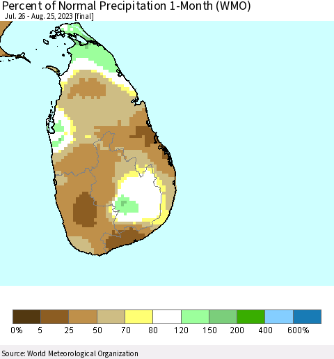 Sri Lanka Percent of Normal Precipitation 1-Month (WMO) Thematic Map For 7/26/2023 - 8/25/2023