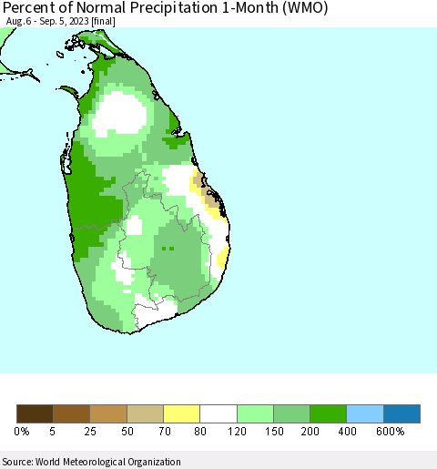 Sri Lanka Percent of Normal Precipitation 1-Month (WMO) Thematic Map For 8/6/2023 - 9/5/2023