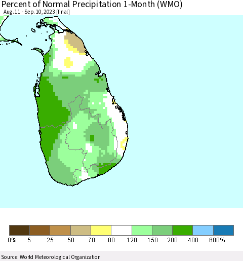 Sri Lanka Percent of Normal Precipitation 1-Month (WMO) Thematic Map For 8/11/2023 - 9/10/2023