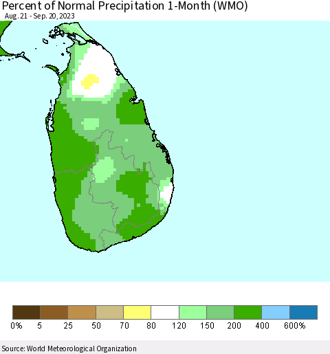Sri Lanka Percent of Normal Precipitation 1-Month (WMO) Thematic Map For 8/21/2023 - 9/20/2023
