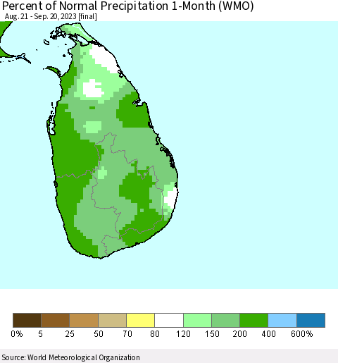 Sri Lanka Percent of Normal Precipitation 1-Month (WMO) Thematic Map For 8/21/2023 - 9/20/2023