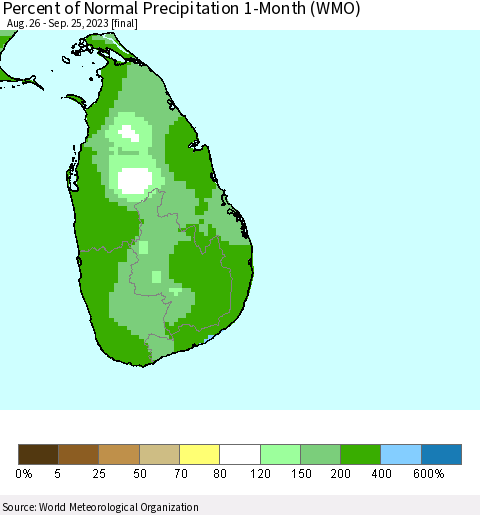 Sri Lanka Percent of Normal Precipitation 1-Month (WMO) Thematic Map For 8/26/2023 - 9/25/2023
