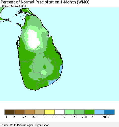 Sri Lanka Percent of Normal Precipitation 1-Month (WMO) Thematic Map For 9/1/2023 - 9/30/2023