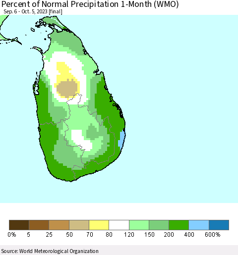 Sri Lanka Percent of Normal Precipitation 1-Month (WMO) Thematic Map For 9/6/2023 - 10/5/2023