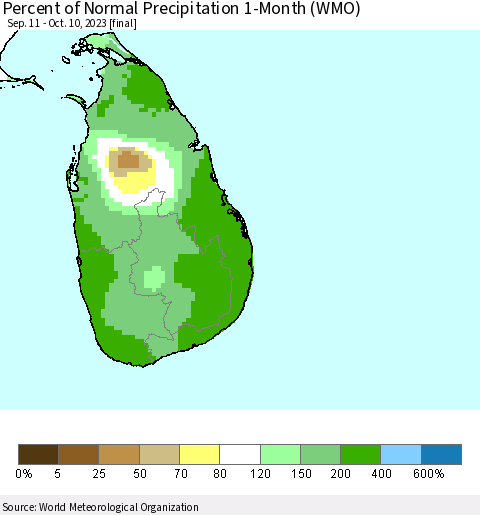 Sri Lanka Percent of Normal Precipitation 1-Month (WMO) Thematic Map For 9/11/2023 - 10/10/2023