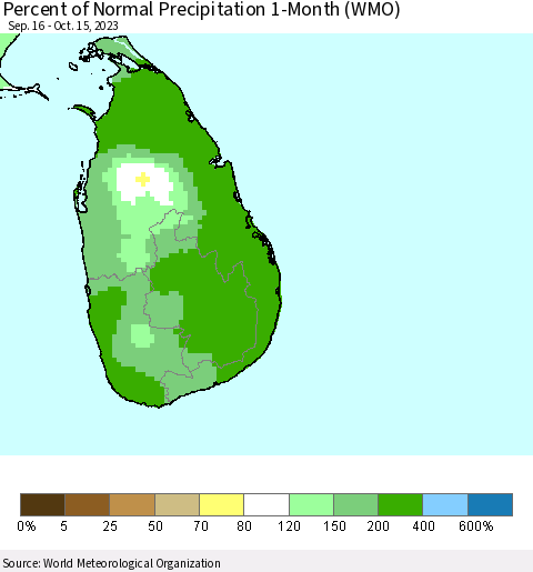 Sri Lanka Percent of Normal Precipitation 1-Month (WMO) Thematic Map For 9/16/2023 - 10/15/2023