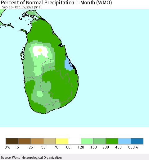Sri Lanka Percent of Normal Precipitation 1-Month (WMO) Thematic Map For 9/16/2023 - 10/15/2023
