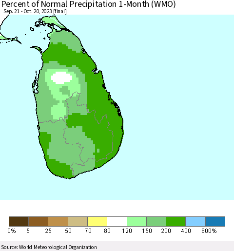 Sri Lanka Percent of Normal Precipitation 1-Month (WMO) Thematic Map For 9/21/2023 - 10/20/2023