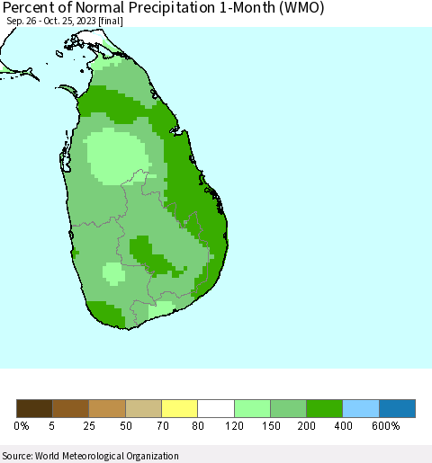Sri Lanka Percent of Normal Precipitation 1-Month (WMO) Thematic Map For 9/26/2023 - 10/25/2023