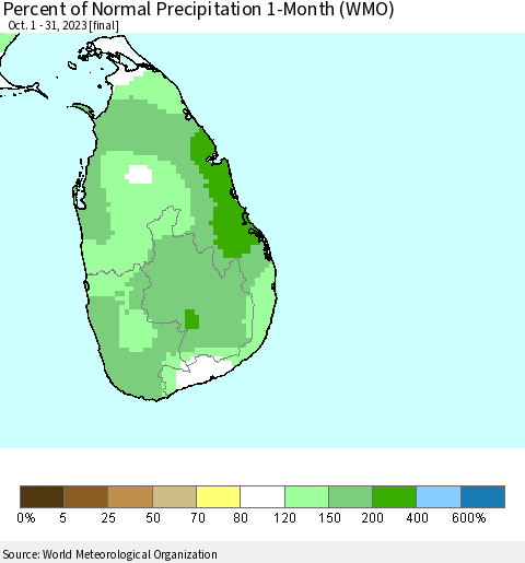 Sri Lanka Percent of Normal Precipitation 1-Month (WMO) Thematic Map For 10/1/2023 - 10/31/2023