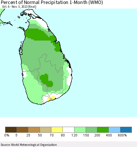 Sri Lanka Percent of Normal Precipitation 1-Month (WMO) Thematic Map For 10/6/2023 - 11/5/2023