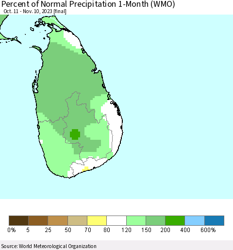 Sri Lanka Percent of Normal Precipitation 1-Month (WMO) Thematic Map For 10/11/2023 - 11/10/2023