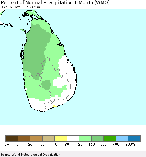 Sri Lanka Percent of Normal Precipitation 1-Month (WMO) Thematic Map For 10/16/2023 - 11/15/2023