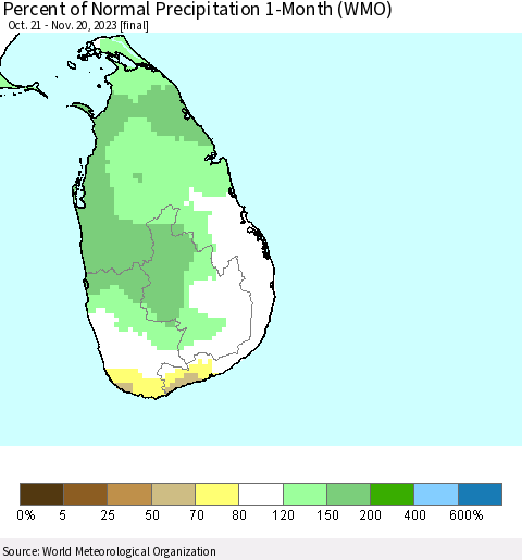 Sri Lanka Percent of Normal Precipitation 1-Month (WMO) Thematic Map For 10/21/2023 - 11/20/2023