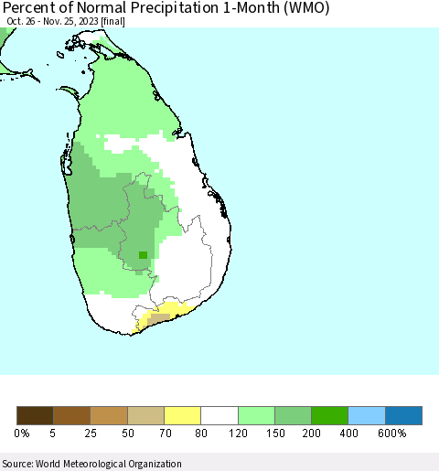 Sri Lanka Percent of Normal Precipitation 1-Month (WMO) Thematic Map For 10/26/2023 - 11/25/2023