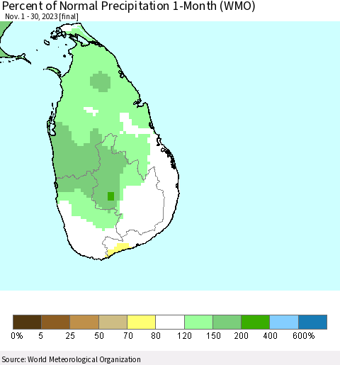 Sri Lanka Percent of Normal Precipitation 1-Month (WMO) Thematic Map For 11/1/2023 - 11/30/2023