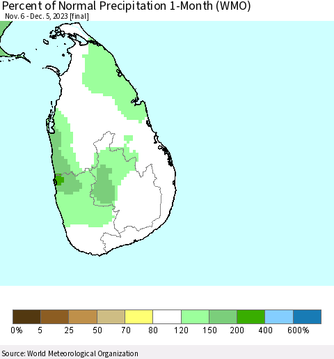 Sri Lanka Percent of Normal Precipitation 1-Month (WMO) Thematic Map For 11/6/2023 - 12/5/2023
