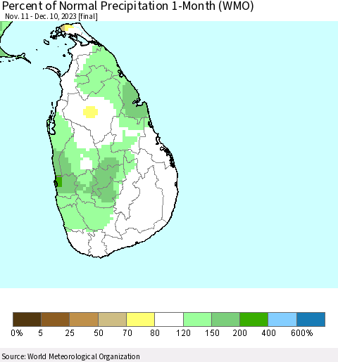 Sri Lanka Percent of Normal Precipitation 1-Month (WMO) Thematic Map For 11/11/2023 - 12/10/2023