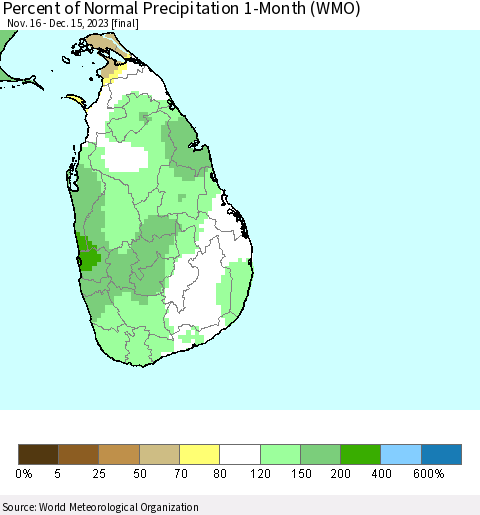 Sri Lanka Percent of Normal Precipitation 1-Month (WMO) Thematic Map For 11/16/2023 - 12/15/2023