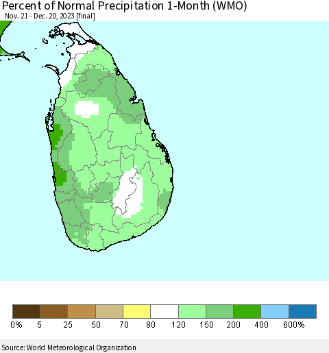 Sri Lanka Percent of Normal Precipitation 1-Month (WMO) Thematic Map For 11/21/2023 - 12/20/2023
