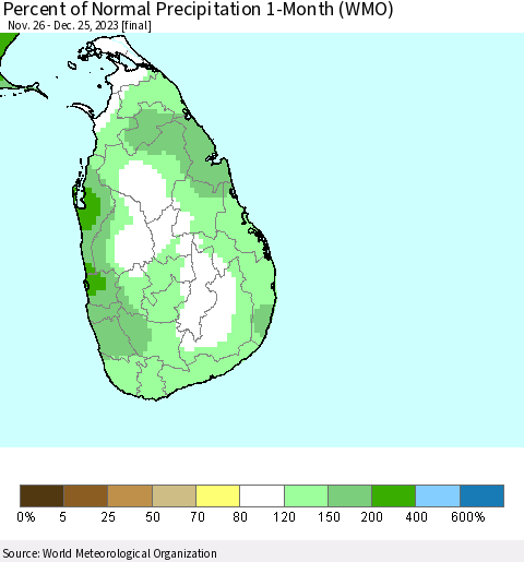 Sri Lanka Percent of Normal Precipitation 1-Month (WMO) Thematic Map For 11/26/2023 - 12/25/2023