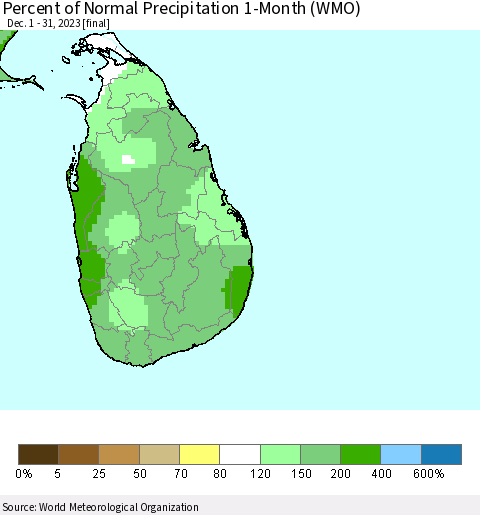 Sri Lanka Percent of Normal Precipitation 1-Month (WMO) Thematic Map For 12/1/2023 - 12/31/2023