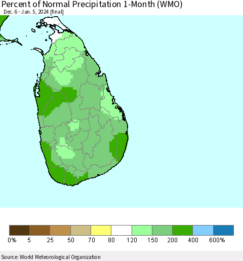 Sri Lanka Percent of Normal Precipitation 1-Month (WMO) Thematic Map For 12/6/2023 - 1/5/2024