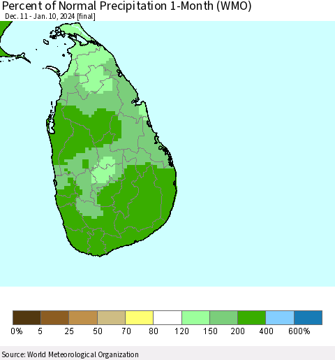 Sri Lanka Percent of Normal Precipitation 1-Month (WMO) Thematic Map For 12/11/2023 - 1/10/2024