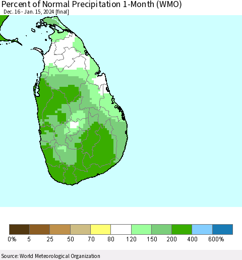 Sri Lanka Percent of Normal Precipitation 1-Month (WMO) Thematic Map For 12/16/2023 - 1/15/2024