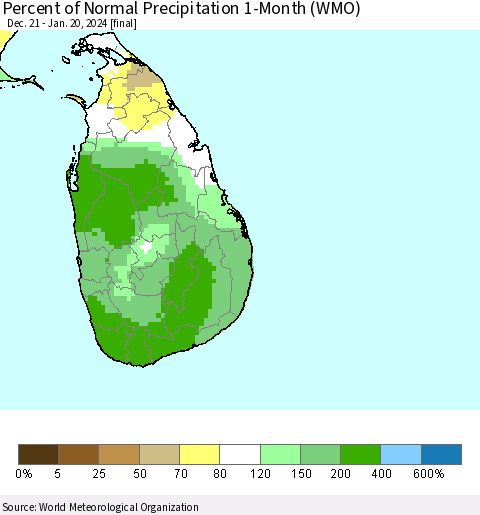 Sri Lanka Percent of Normal Precipitation 1-Month (WMO) Thematic Map For 12/21/2023 - 1/20/2024