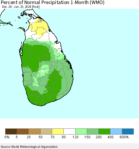Sri Lanka Percent of Normal Precipitation 1-Month (WMO) Thematic Map For 12/26/2023 - 1/25/2024