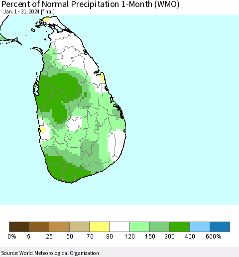 Sri Lanka Percent of Normal Precipitation 1-Month (WMO) Thematic Map For 1/1/2024 - 1/31/2024
