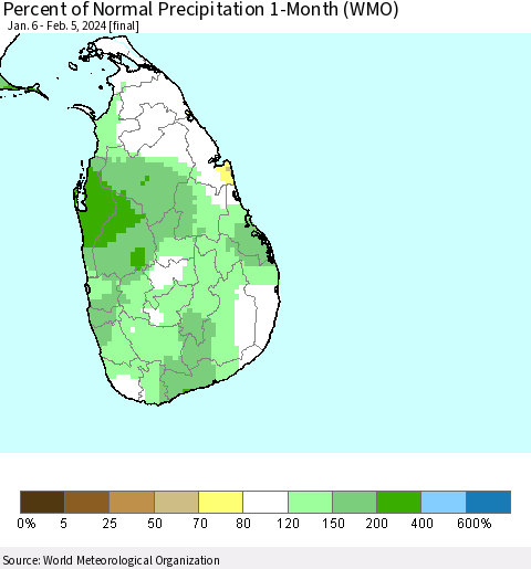 Sri Lanka Percent of Normal Precipitation 1-Month (WMO) Thematic Map For 1/6/2024 - 2/5/2024