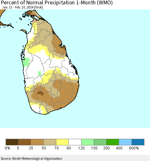 Sri Lanka Percent of Normal Precipitation 1-Month (WMO) Thematic Map For 1/11/2024 - 2/10/2024