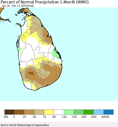 Sri Lanka Percent of Normal Precipitation 1-Month (WMO) Thematic Map For 1/16/2024 - 2/15/2024