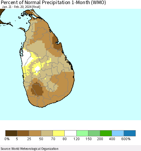 Sri Lanka Percent of Normal Precipitation 1-Month (WMO) Thematic Map For 1/21/2024 - 2/20/2024