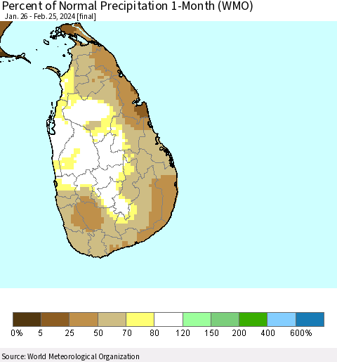 Sri Lanka Percent of Normal Precipitation 1-Month (WMO) Thematic Map For 1/26/2024 - 2/25/2024