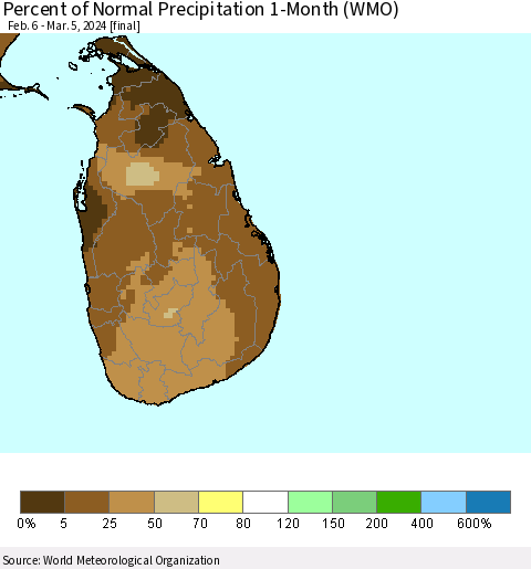 Sri Lanka Percent of Normal Precipitation 1-Month (WMO) Thematic Map For 2/6/2024 - 3/5/2024