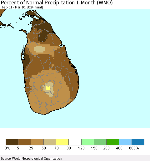 Sri Lanka Percent of Normal Precipitation 1-Month (WMO) Thematic Map For 2/11/2024 - 3/10/2024