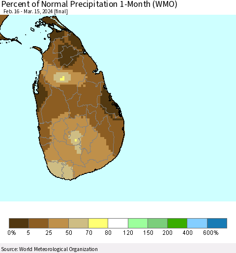Sri Lanka Percent of Normal Precipitation 1-Month (WMO) Thematic Map For 2/16/2024 - 3/15/2024