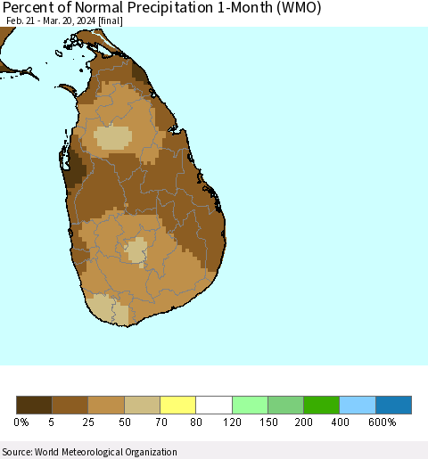Sri Lanka Percent of Normal Precipitation 1-Month (WMO) Thematic Map For 2/21/2024 - 3/20/2024