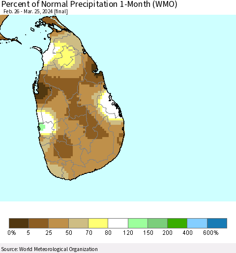 Sri Lanka Percent of Normal Precipitation 1-Month (WMO) Thematic Map For 2/26/2024 - 3/25/2024