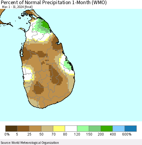 Sri Lanka Percent of Normal Precipitation 1-Month (WMO) Thematic Map For 3/1/2024 - 3/31/2024