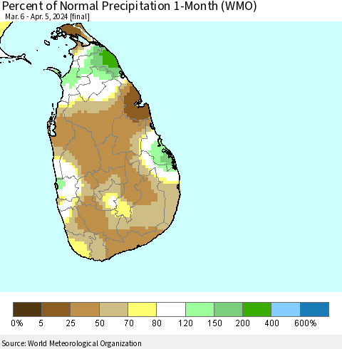 Sri Lanka Percent of Normal Precipitation 1-Month (WMO) Thematic Map For 3/6/2024 - 4/5/2024
