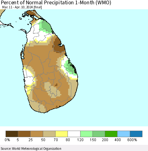 Sri Lanka Percent of Normal Precipitation 1-Month (WMO) Thematic Map For 3/11/2024 - 4/10/2024