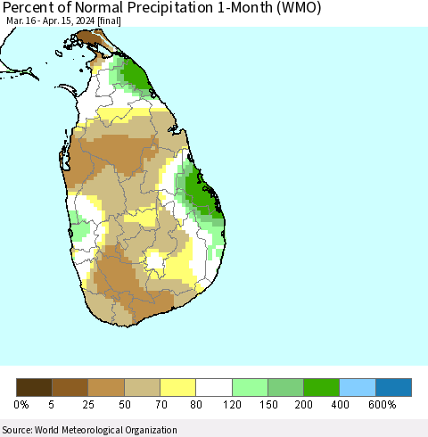 Sri Lanka Percent of Normal Precipitation 1-Month (WMO) Thematic Map For 3/16/2024 - 4/15/2024