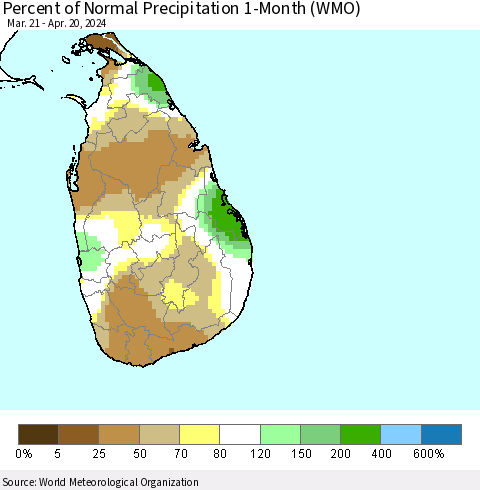Sri Lanka Percent of Normal Precipitation 1-Month (WMO) Thematic Map For 3/21/2024 - 4/20/2024