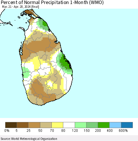 Sri Lanka Percent of Normal Precipitation 1-Month (WMO) Thematic Map For 3/21/2024 - 4/20/2024