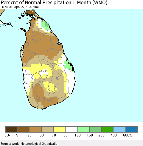 Sri Lanka Percent of Normal Precipitation 1-Month (WMO) Thematic Map For 3/26/2024 - 4/25/2024